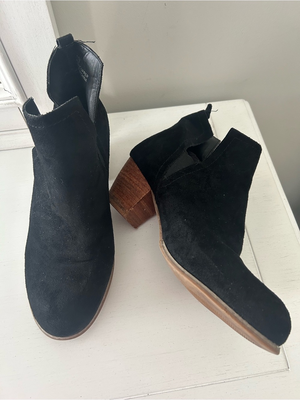 Women’s Black Suede Ankle Booties with Wood Block Heel